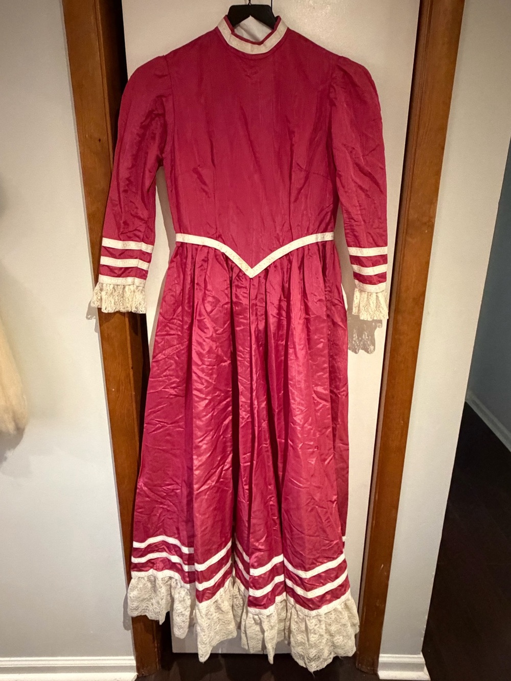 Vintage 1970s Gunne Sax Style Prairie Maxi Dress Dark Pink Lace Boho Cottagecore